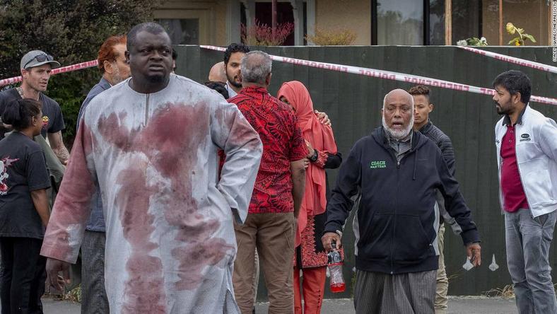 Alabi Lateef with a blood-stained cloth after the attack on Linwood Mosque on March 15, 2019 [CNN]